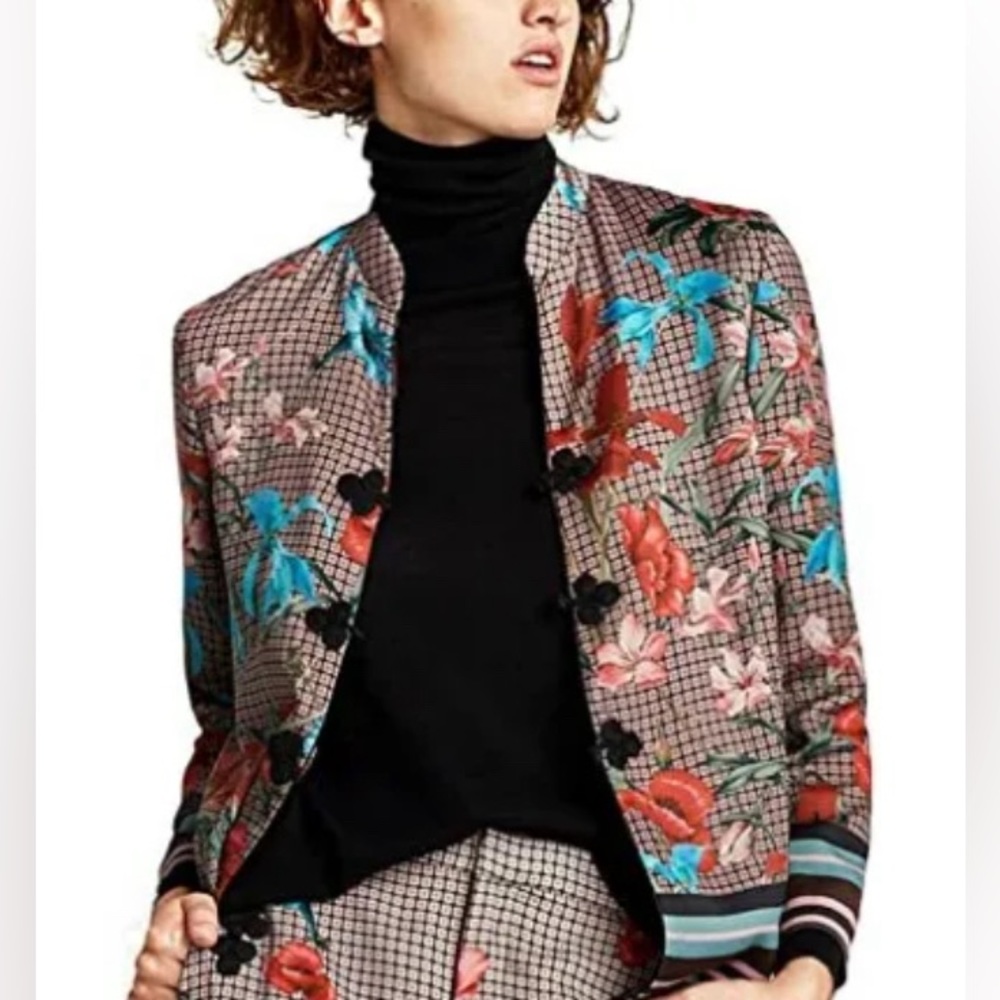New Zara Floral Oriental Flowing Jacket Mandarin Collar Grommets Size S